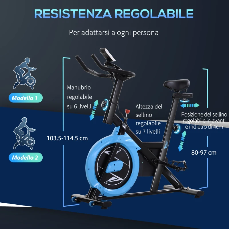 HOMCOM Cyclette da Camera con Trasmissione a Cinghia, Cyclette Professionale con Manubrio e Sellino Regolabili, Volano 6kg, Schermo LCD, Fino a 120kg, Nero e Azzurro
