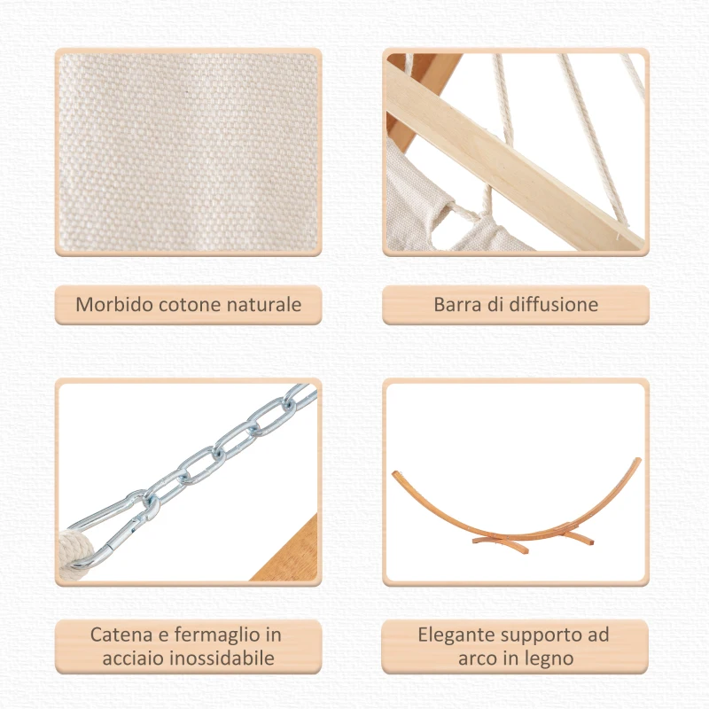 Outsunny Amaca con Supporto in Legno e Cotone, Amaca da Giardino per altri Spazi Esterni, 392x120x102cm, Bianca