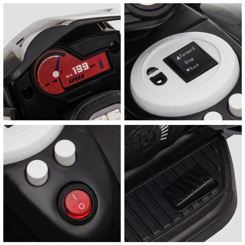 HOMCOM Moto Eléctrica Infantil con 3 Ruedas Trimoto para Niños de +3 Años con Batería 6V Recargable Funciones de Música Bocina Faros 86x42x52 cm Negro y Blanco