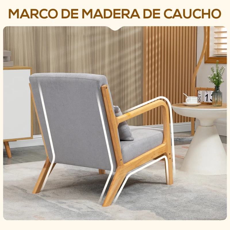 HOMCOM Butaca Nórdica Sillón de Salón Acolchado con Reposabrazos Cojín y Marco de Madera de Caucho 61x78x76 cm Gris