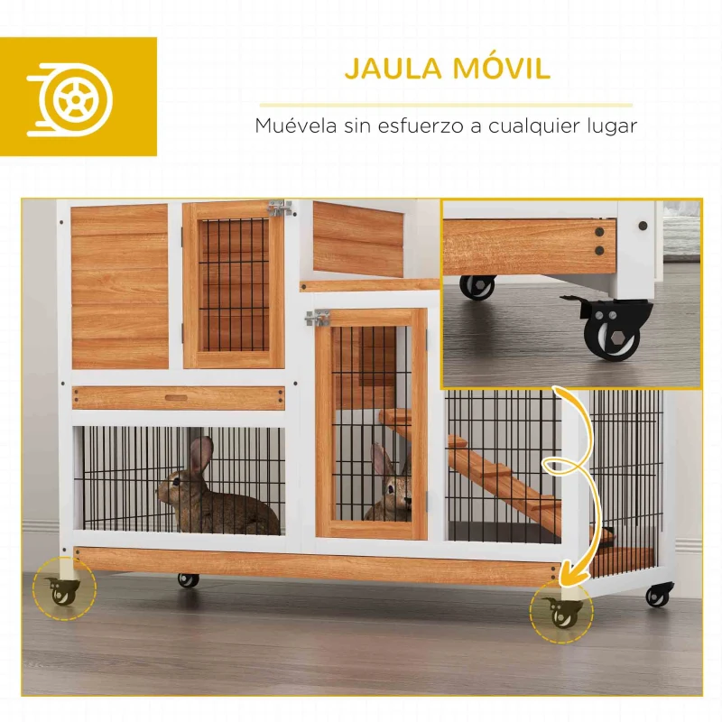 PawHut Conejera de Madera de 2 Niveles Jaula para Conejos con Ruedas Rampa y Bandejas Extraíbles 110x50x88cm Natural