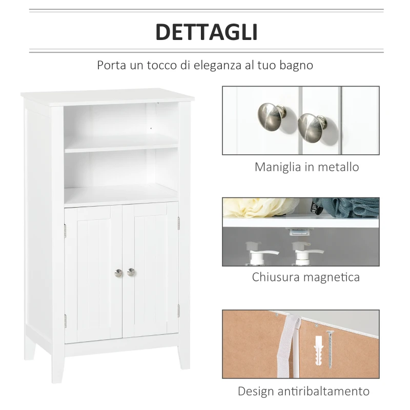 kleankin Mobile Bagno con Mensole Regolabili e Armadietto 2 Ante, Mobiletto Bagno Multiuso in Legno, Bianco, 50x30x93cm