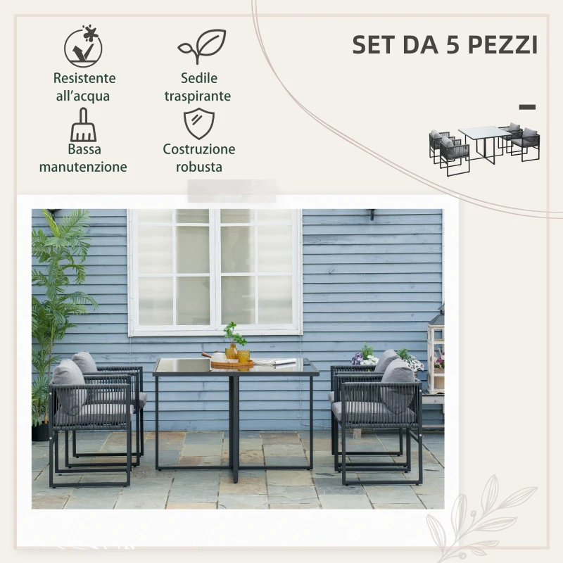 Outsunny Set da Giardino 5 Pezzi in Rattan, 4 Sedie da Giardino e Tavolo da Pranzo con Piano in Vetro