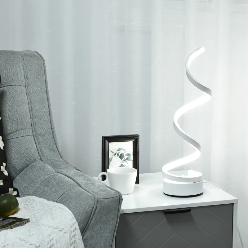 HOMCOM Modern Wave-Shaped LED Table Lamp with Round Metal Base for Living Room, Bedroom, Study, Dining Room, Office, Cool White 6000K, White