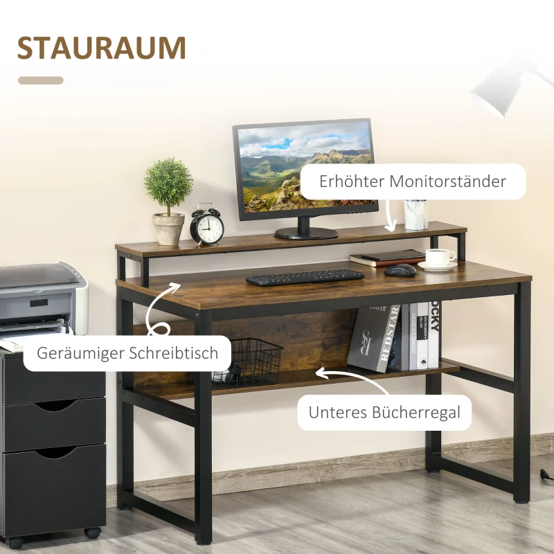 HOMCOM Schreibtisch Computertisch mit Ablage PC Tisch Bürotisch Industriestil Metall Rustikales Braun 120 x 60 x 85 cm