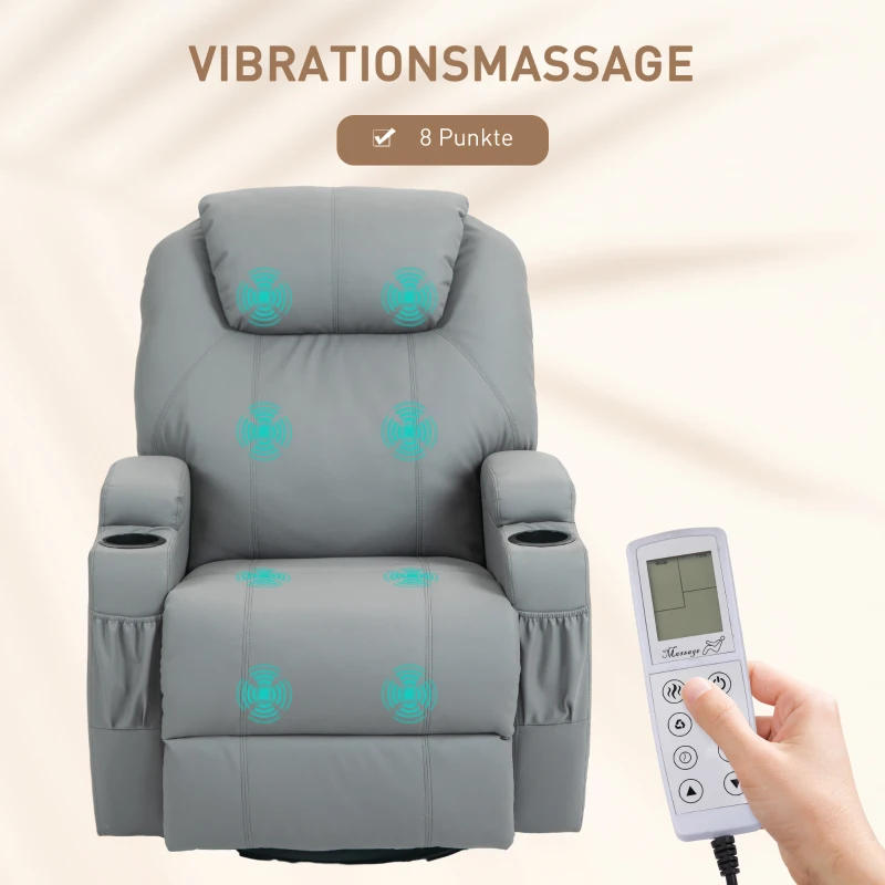 HOMCOM Massagesessel, 8 Vibrationspunkte, Becherhalter, Kunstleder, Hellgrau
