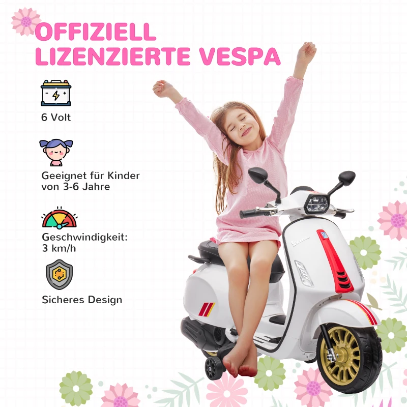 AIYAPLAY Elektro-Kindermotorrad, Vespa, 3 km/h, 3-6 Jahre, Musik, Licht & Radio, Weiß(m-4)