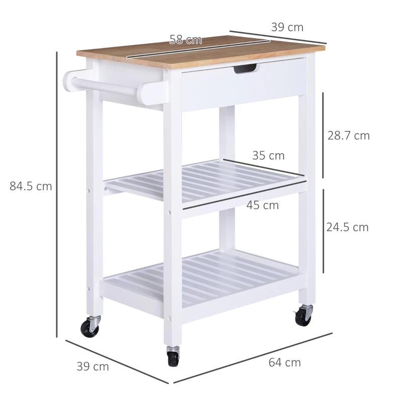 HOMCOM Carrello da Cucina Salvaspazio 2 Ripiani 1 Cassetto 1 Portasciugamani 4 Rotelle, Legno, Bianco, 64x39x84.5cm