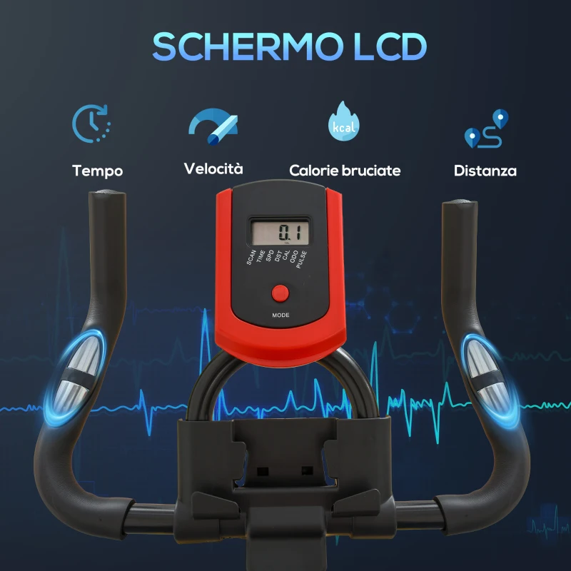 HOMCOM Cyclette da Casa con Resistenza Regolabile, Cyclette Professionale da Camera con Sella e Manubrio Regolabile, Monitor LCD, Sensore Battito Cardiaco Porta Celullare e Volano 6kg, Max.100kg