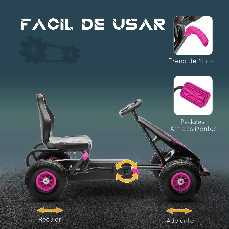 HOMCOM Coche de Pedales para Niños de 5-12 Años con Asiento Ajustable Neumáticos Inflables Amortiguador Carga 50kg Negro y Rosa