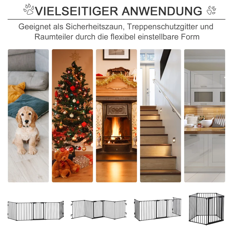 PawHut 2-in-1 Absperrgitter, Haustier-Laufstall, Sicherheitstor, faltbar, Metall, 300 x 3 x 74,5 cm, Schwarz(m-4)
