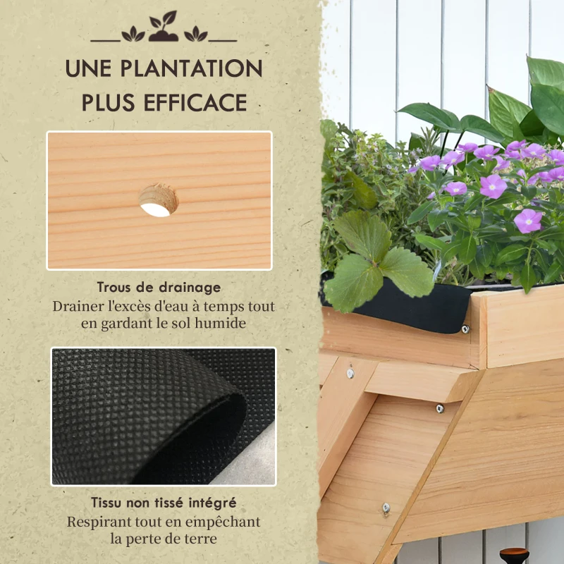 Outsunny Jardinière sur Pieds Potager dim. 100L x 70l x 80H cm Insert d'irrigation + Feutre de Drainage Inclus Bois Massif Sapin