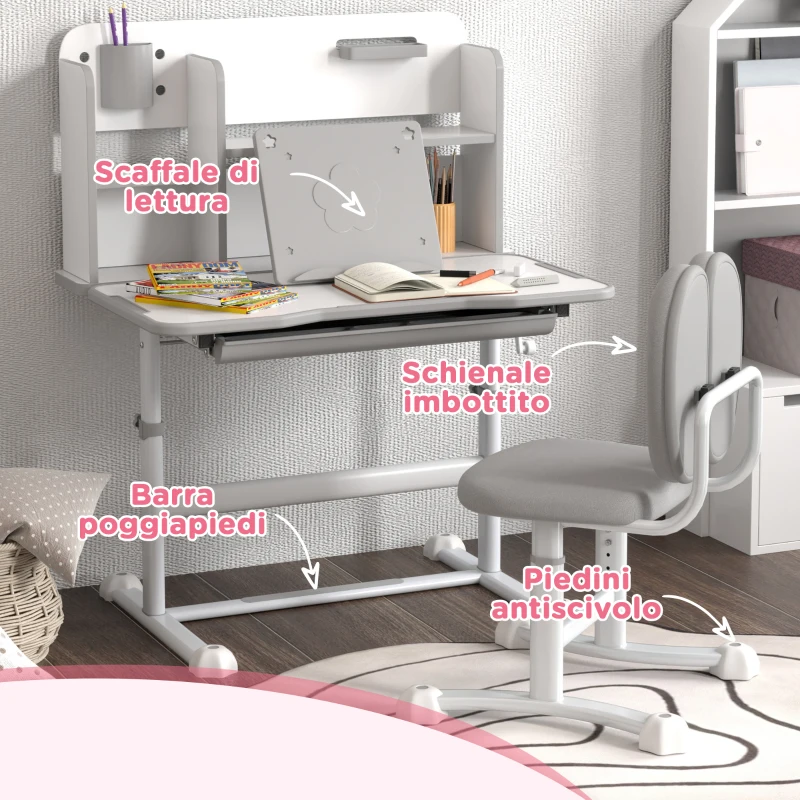 AIYAPLAY Set Scrivania e Sedia per Bambini Regolabili, Banco Scuola con Piano Inclinabile, Cassetto, Scaffale, Grigio