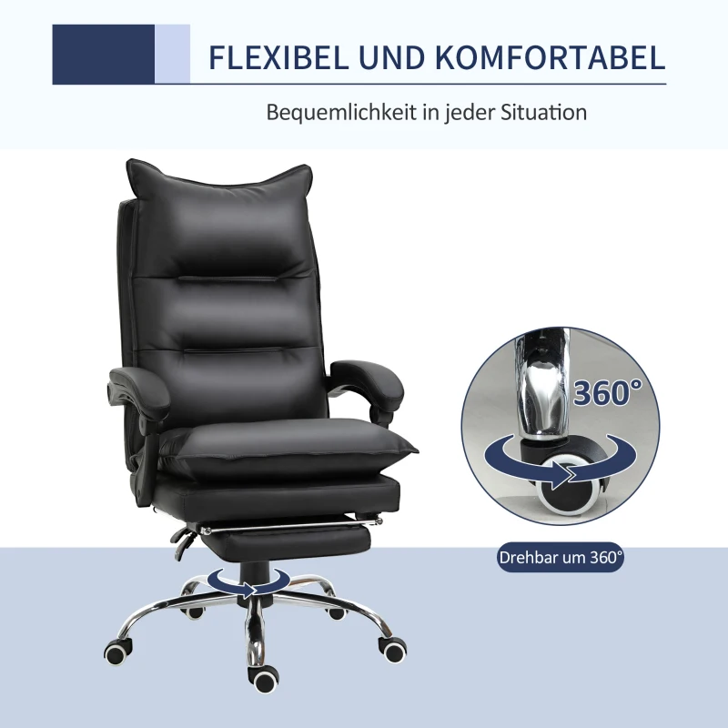 Vinsetto Bürostuhl Ergonomischer Schreibtischstuhl mit Armlehne, Fußstütze, Höhenverstellbarer Drehstuhl aus Kunstleder, Gepolstert Computerstuhl, Schwarz