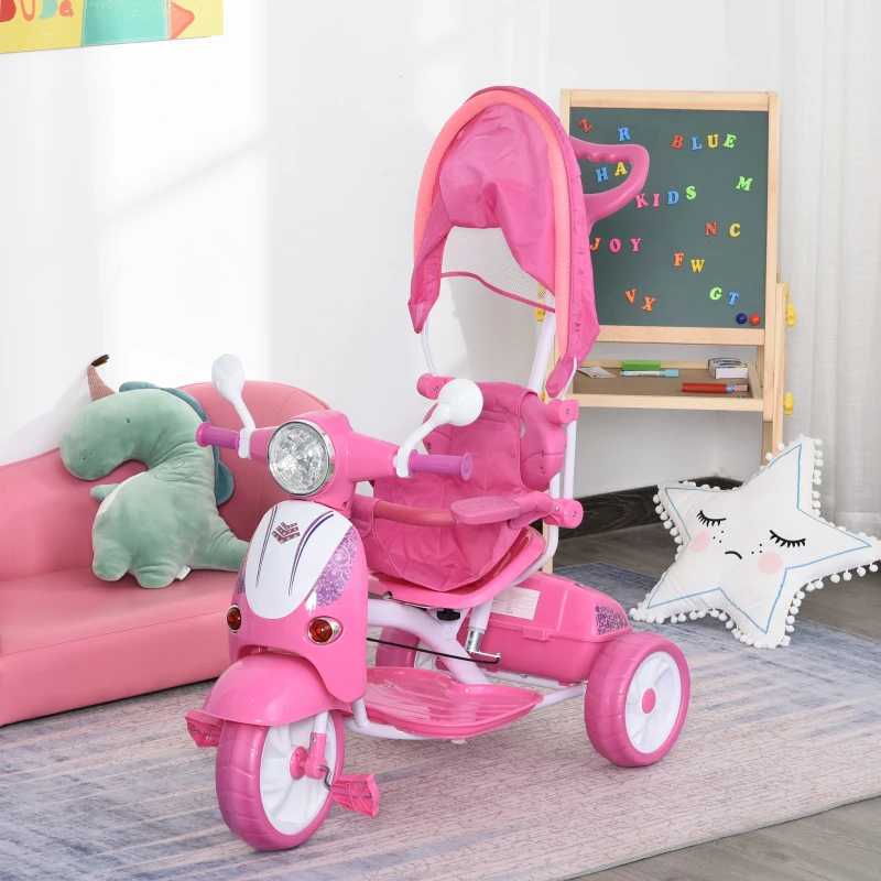 HOMCOM Triciclo per Bambini da 18-72 Mesi con Suoni e Luci, Triciclo con Maniglione e Tettuccio Rimovibile a Forma di Moto, Rosa