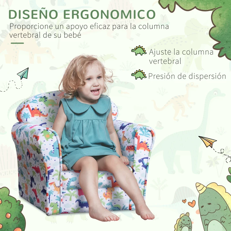 HOMCOM Sillón Infantil para +18 Meses con Estampado de Dinosaurios Acolchado de Espuma y Franela 50x39x44 cm Multicolor