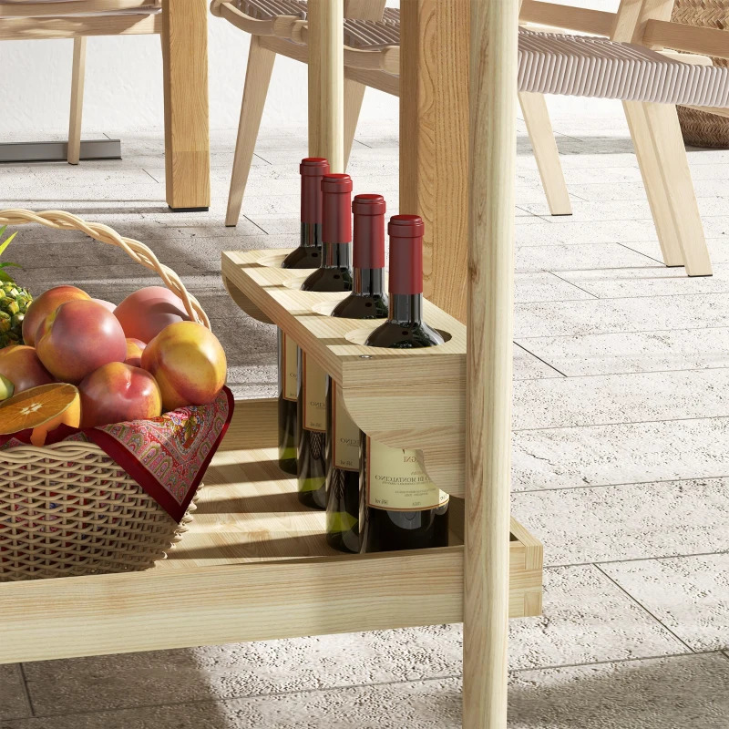 Outsunny Desserte de jardin chariot pour plancha barbecue en bois avec poignée 2 plateaux et porte-bouteilles naturel