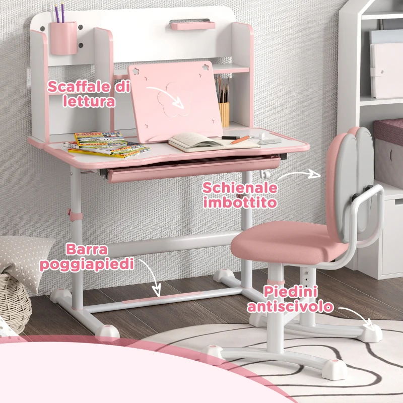 AIYAPLAY Set Scrivania e Sedia per Bambini Regolabili, Banco Scuola con Piano Inclinabile, Cassetto, Scaffale, Rosa