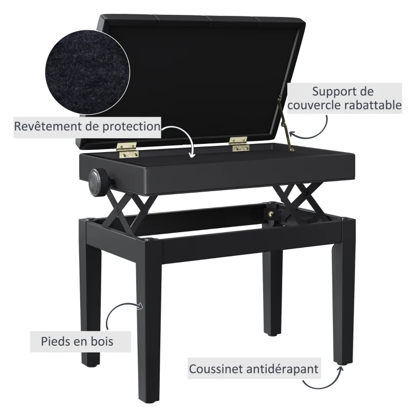 HOMCOM Banc de piano, banc de clavier réglable en hauteur en bois massif, tabouret piano avec compartiment caché, siège rembourré polyuréthane à 10 boutons, stable et antidérapant, charge 200kg, noir