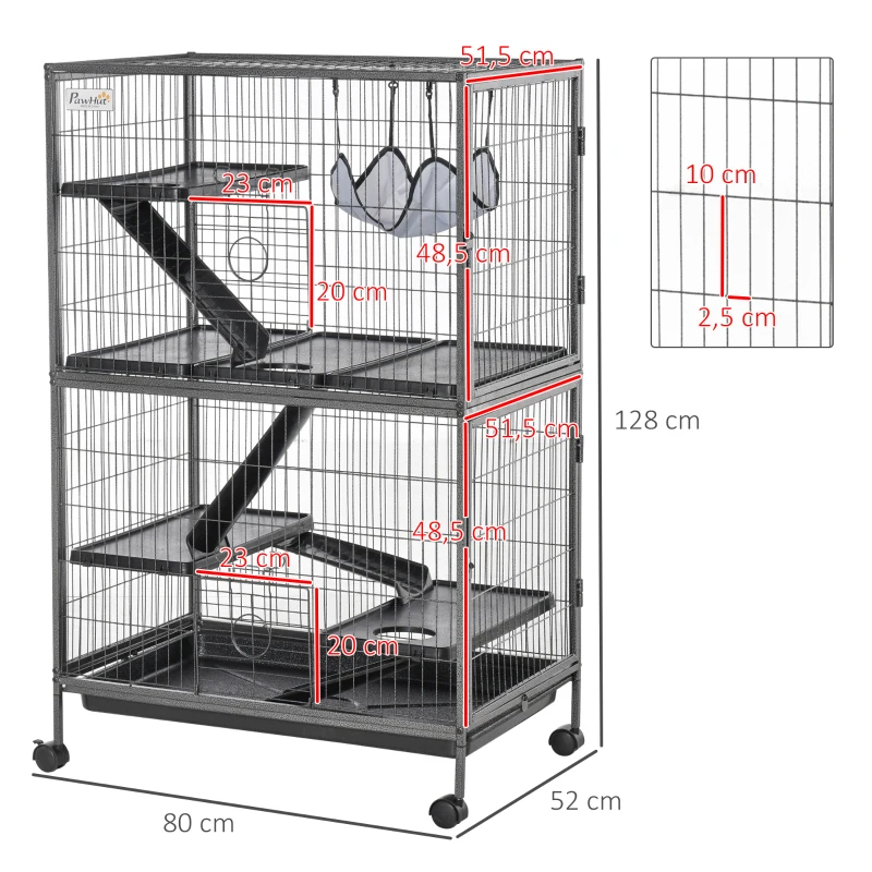 PawHut Kleintierkäfig mit Hängematten Nagervoliere mit Rollen 4 stöckig Käfig XXL geeignet für Hamster Kleintiere Meerschweinchen Metall Kunststoff Silber+Grau 80 x 52 x128 cm