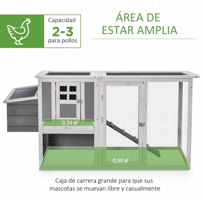 PawHut Gallinero de Madera para Exterior Jaula para 2-3 Gallinas con Caja Nido Corral de Alambre Techo de Policarbonato Bandeja Extraíble y Rampa 162x76,5x79,5 cm Gris