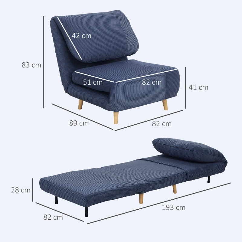HOMCOM 2-in-1 Slaapstoel en Gastenbed met Verstelbare Hoofdsteun in Corduroy Look, 82 cm x 89 cm x 83 cm, Blauw(m-3)