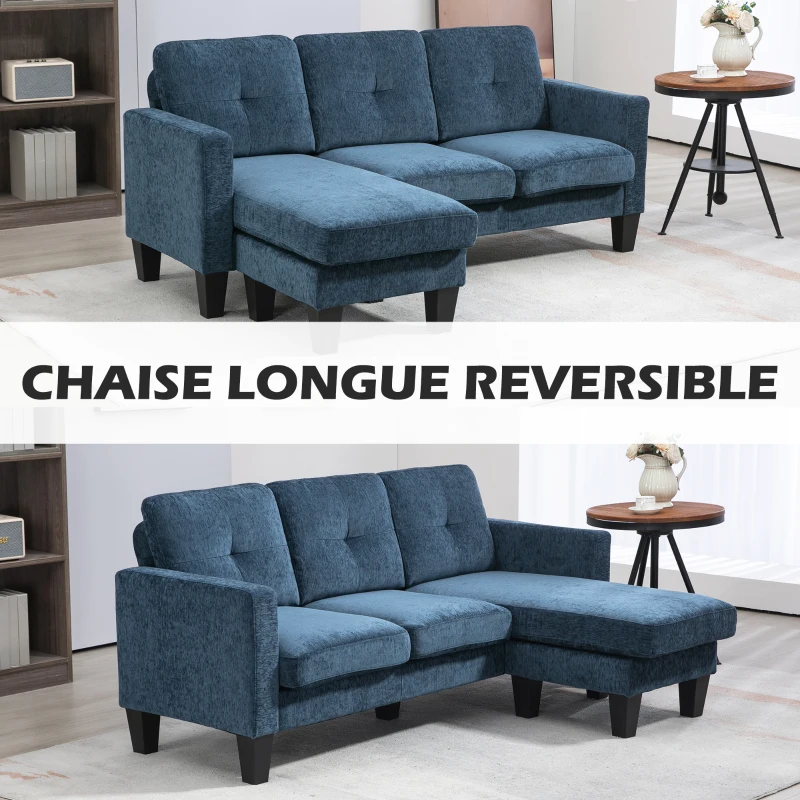 HOMCOM Sofá Esquinero en Forma de L Tapizado Poliéster Sofá Chaise Longue Reversible con 3 Cojines  186x130x84cm Azul
