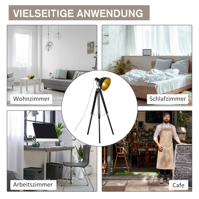 HOMCOM Stehleuchte Stehlampe Standlampe höhenverstellbar H152cm E27 Kiefer Gold L65xB65xH152cm