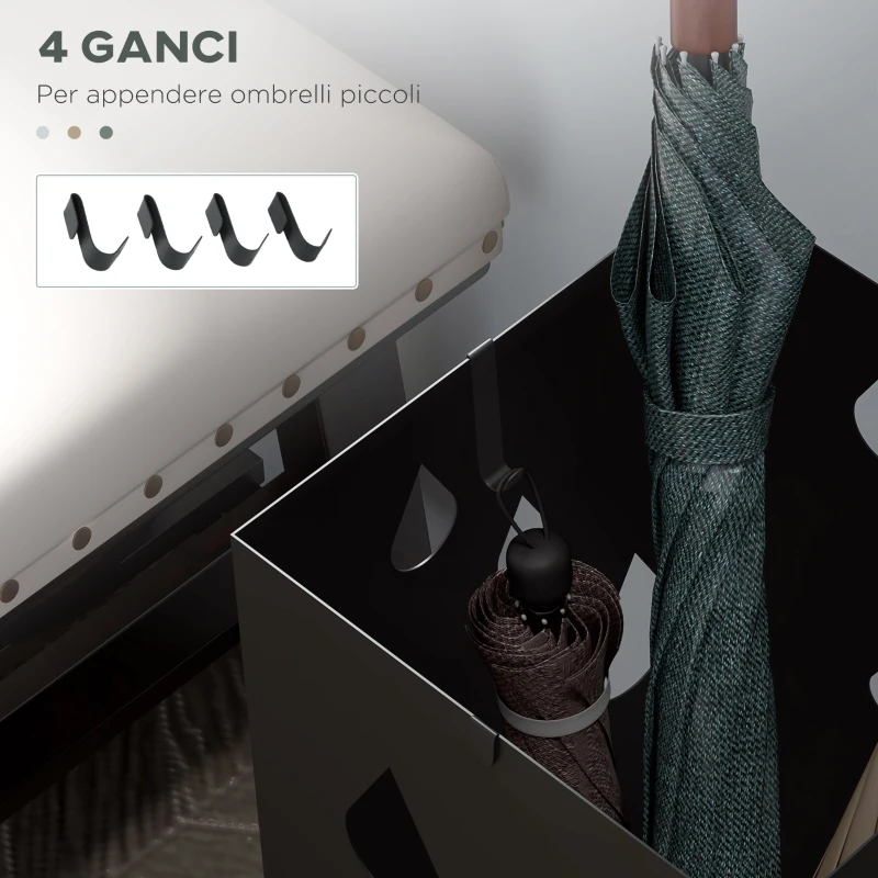 HOMCOM Portaombrelli in Metallo con 4 Ganci e Vaschetta Raccogligocce, 15.5x15.5x41cm, Nero