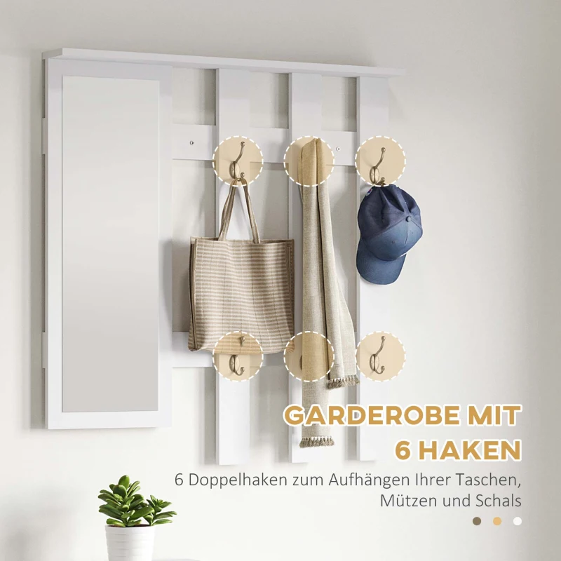 HOMCOM Garderoben-Set Garderobenständer Garderobenhalter, 6 Kleiderhaken, 1 Spiegel, 85 cm x 24 cm x 80 cm, Weiß + Silber