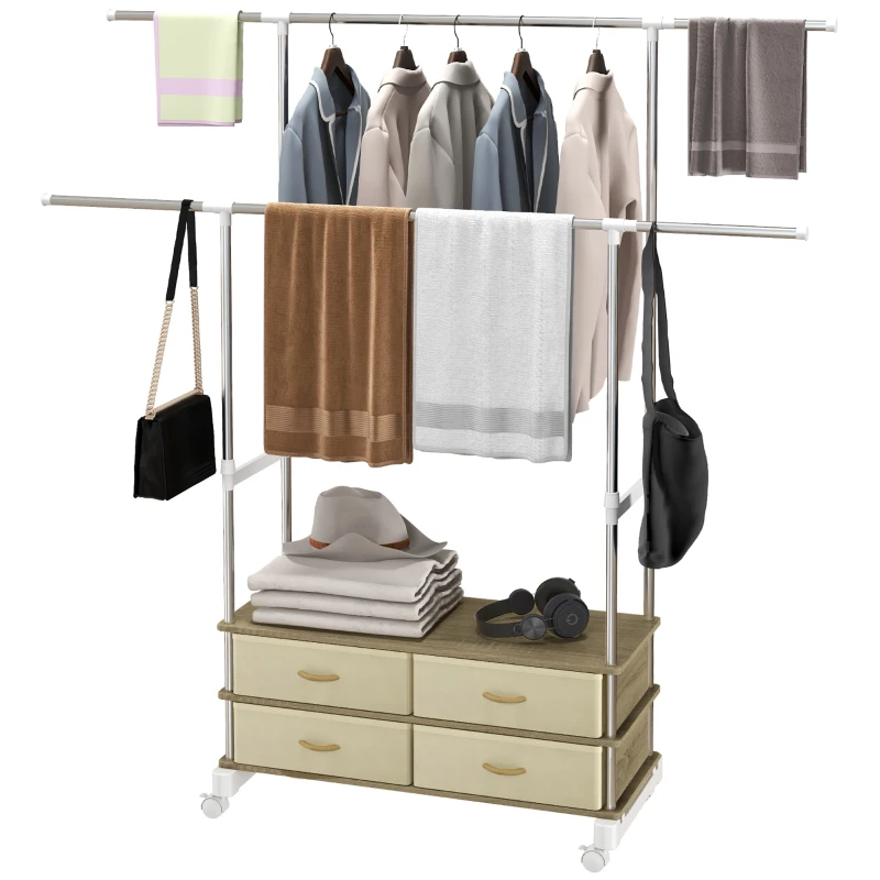 HOMCOM Double portant à vêtements réglables hauteur et largeur 4 tiroirs en tissu amovibles 1 étagère 4 roulettes beige argenté