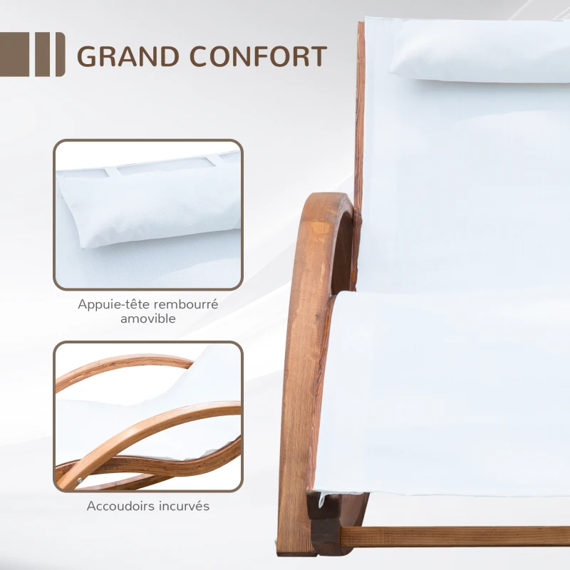 Outsunny Chaise Longue Fauteuil berçant à Bascule transat Bain de Soleil Rocking Chair en Bois Charge 120 Kg Blanc