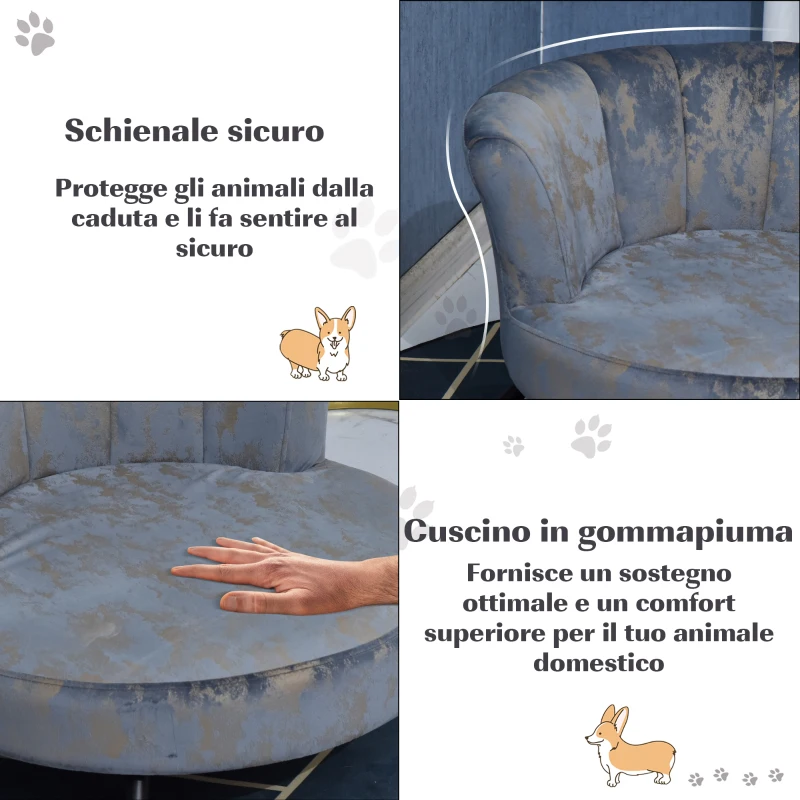 PawHut Divano per Cani di Piccola Taglia e Gatti con Rivestimento in Velluto Blu e Oro