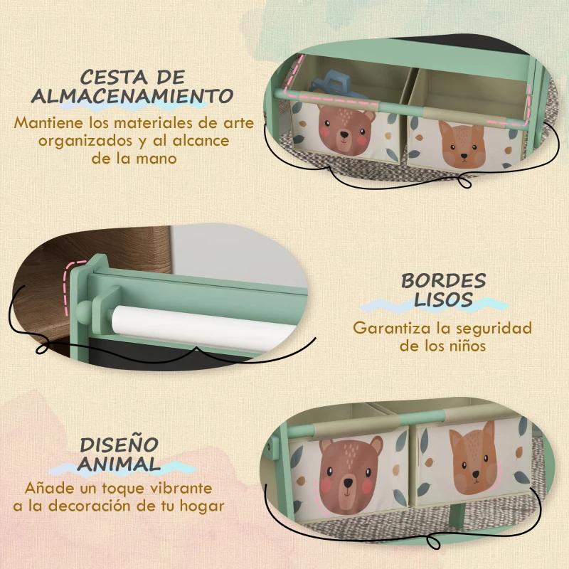 AIYAPLAY Caballete Infantil 3 en 1 Caballete para Niños de Doble Cara con Rollo de Papel Pizarras y 2 Cestas 54x46,5x93 cm Verde