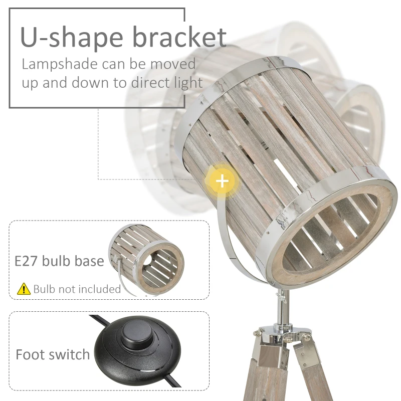 HOMCOM Telescopic Floor Lamp Unique Wood Frame Adjustable Shade Height Unique Vintage Spotlight Metal Home Office Lighting, 110-150cm, Natural