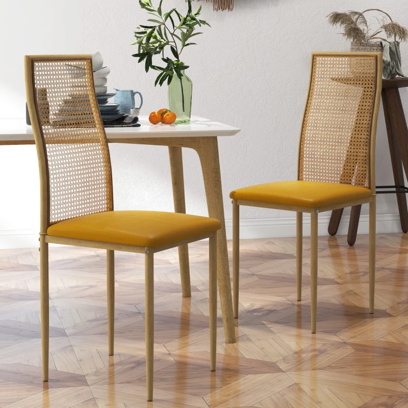 HOMCOM Juego de 2 Sillas de Comedor con Respaldo de Ratán PE Asiento Tapizado de Cuero PU y Patas de Acero 40x50x97 cm Ocre