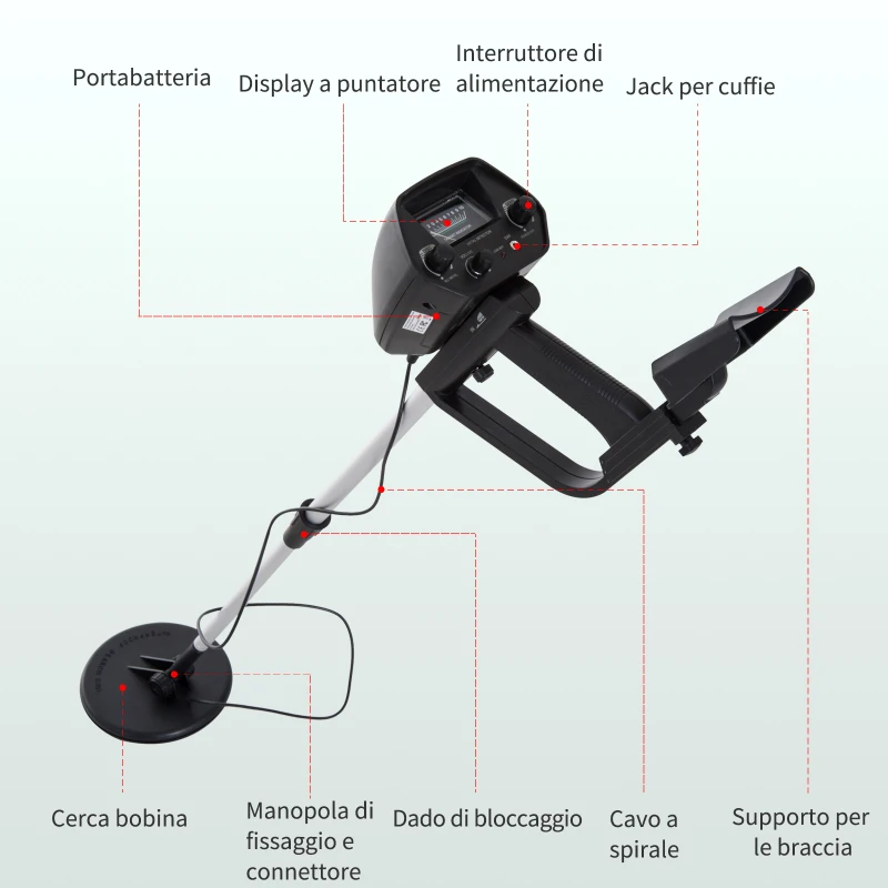 Outsunny Metal Detector Cercametalli 2 Modalità Bobina Impermeabile con Attacco Cuffia 13×24×77.5-105cm Nero