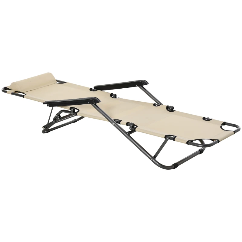 Outsunny 2 in 1 Folding Sun Lounger Reclining Garden Chair with 2-Level Adjustable Backrest, Outdoor Zero Gravity Recliner Garden Chair with Head Pillow and Armrests, Beige