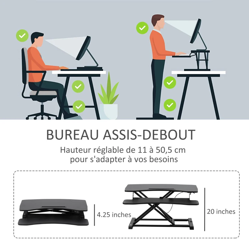 Vinsetto Convertisseur bureau assis debout poste de travail réglable en hauteur - support ordinateur avec plateau clavier noir