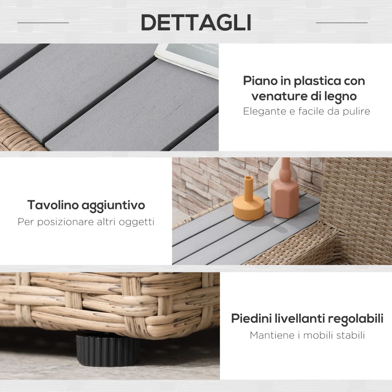 Outsunny Set da Giardino 4 Pezzi in Rattan, Divano Angolare con Cuscini e Tavolini, Nero e Marrone chiaro