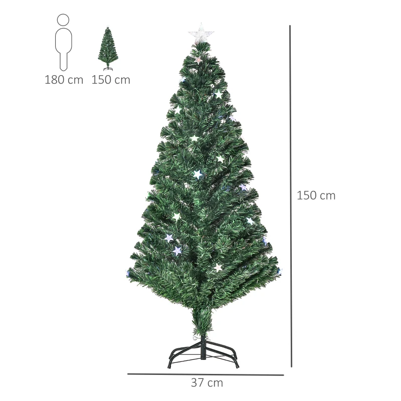 HOMCOM Albero di Natale Artificiale 150cm con 36 Luci LED e Fibre Ottiche Colorate, 180 Rami e Base Pieghevole, Verde