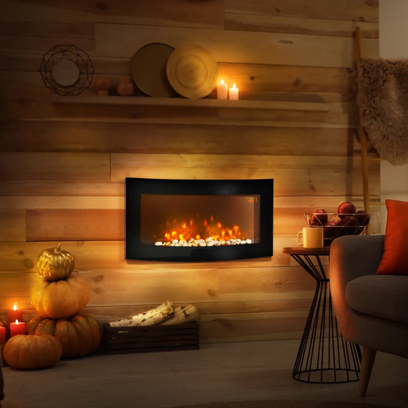 HOMCOM Led Wall Mounted Fireplace Curved Glass Electric Fire Place Fire Place 7 Colour Side Lights Slimline, 1000/2000W, 89.2cm x 48cm