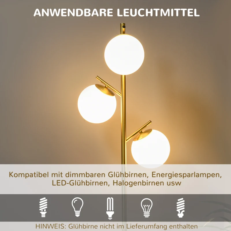 HOMCOM Stehleuchte im Retro-Design, Stehlampe, Stehlampe mit 3 Lampenschirmen, Glas, Gold