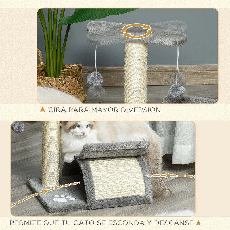 PawHut Árbol Rascador para Gatos Pequeños Torre para Gatos con Poste Giratorio con Bolas de Juego Plataforma 40x30x43 cm Gris