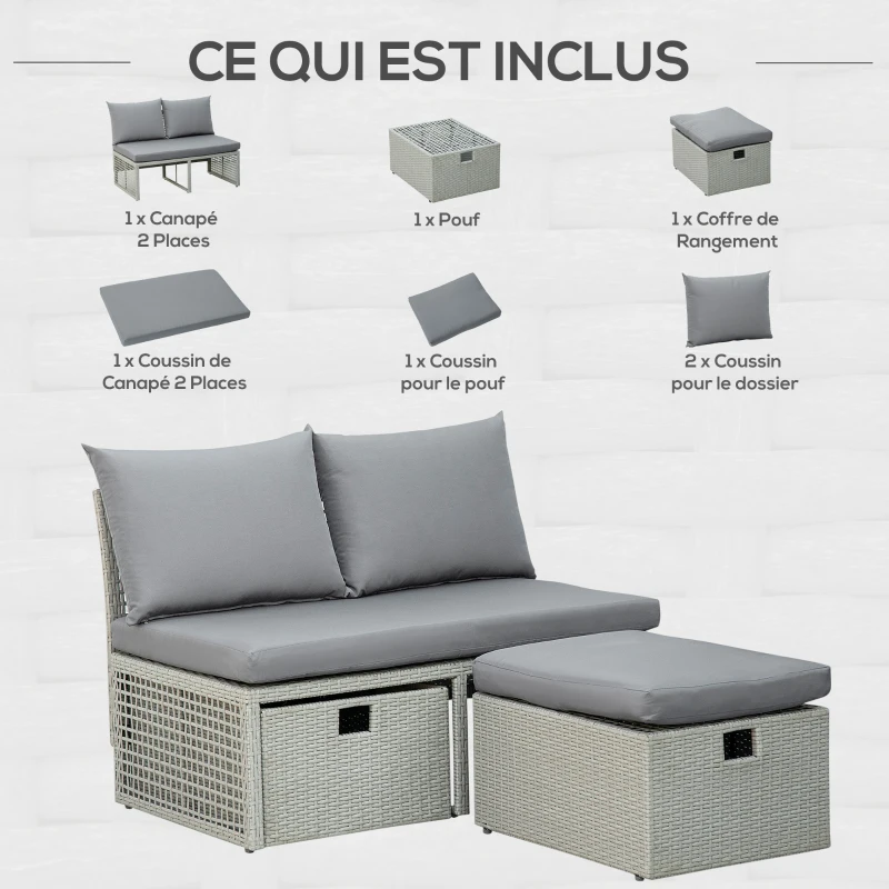 Outsunny Ensemble salon de jardin 3 places 3 pièces - canapé 2 places, pouf, coffre rangement - 4 coussins inclus - résine tressée imitation rotin gris