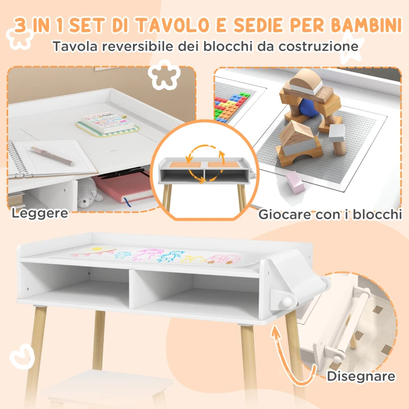 HOMCOM  Set Tavolino per Bambini con Sgabello, Banchetto con Piano Reversibile e Rotolo di Carta, Bianco