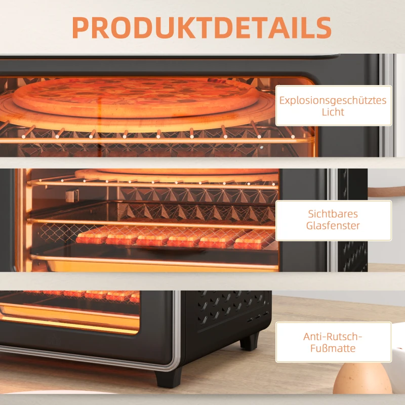 HOMCOM Minibackofen, 20L, 5 Funktionen, 360° Heißluft, Grillrost, Krümelblech, Schwarz(m-8)