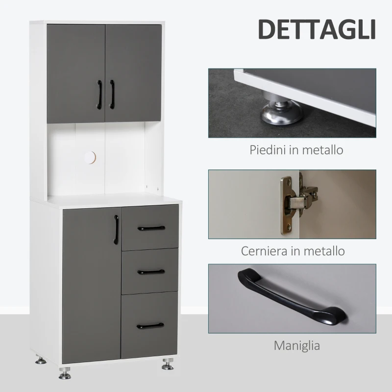 HOMCOM Credenza Alta da Cucina con Design Moderno, Madia Mobile Buffet in Legno Bianco e Grigio, 60x40x160cm