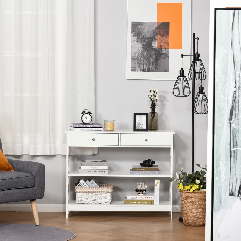 HOMCOM Table de console table d'entrée style table de drapier néo-rétro 2 tiroirs 2 étagères dim. 100L x 30.5l x 80H cm en bois Blanc