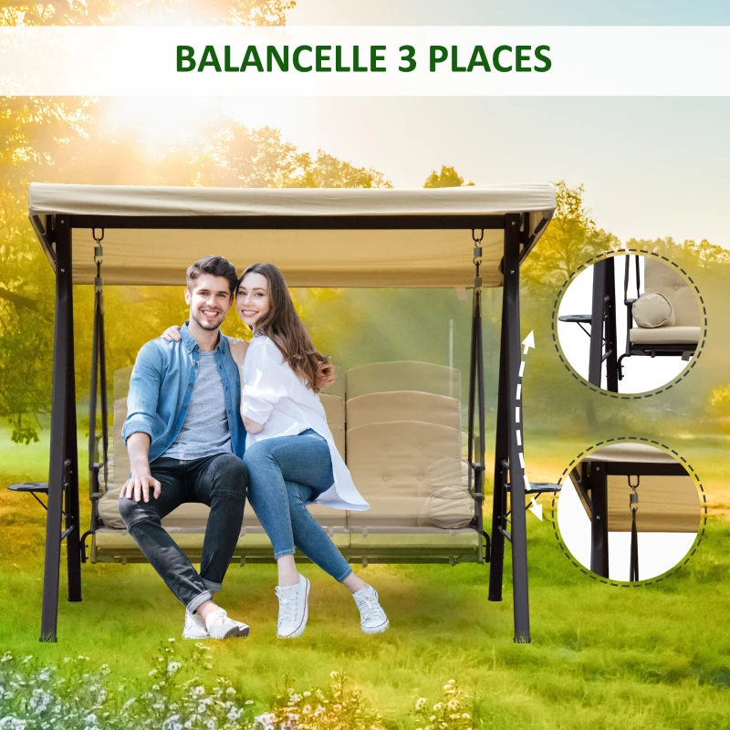 Outsunny Balancelle de Jardin 3 Places Grand Confort Toit Inclinaison réglable Coussins Plateaux rétractables Polyester filé Beige